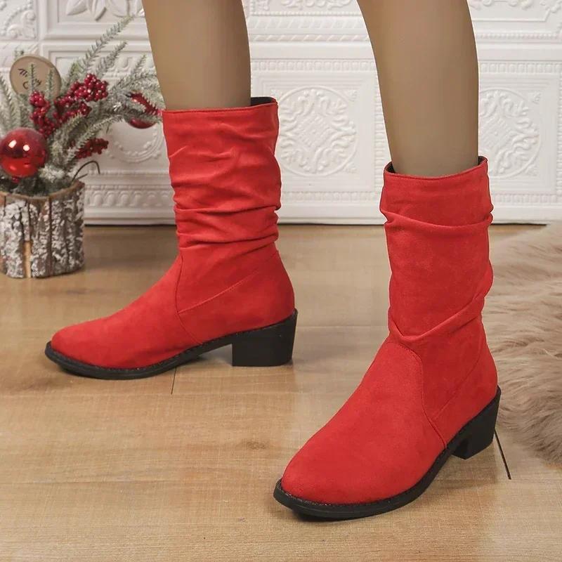 Women's Shoes on Sale Sleeve Women's Boots Autumn Round Toe Suede Solid Middle Tube Chunky Heels Fashion Boots Zapatos De Mujer
