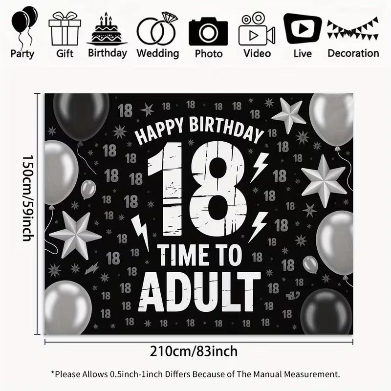 

2D Time To Adult 18th Birthday Backdrop Black & Silver Theme Photo Booth Background 47.2x31.5inch/120*80cm