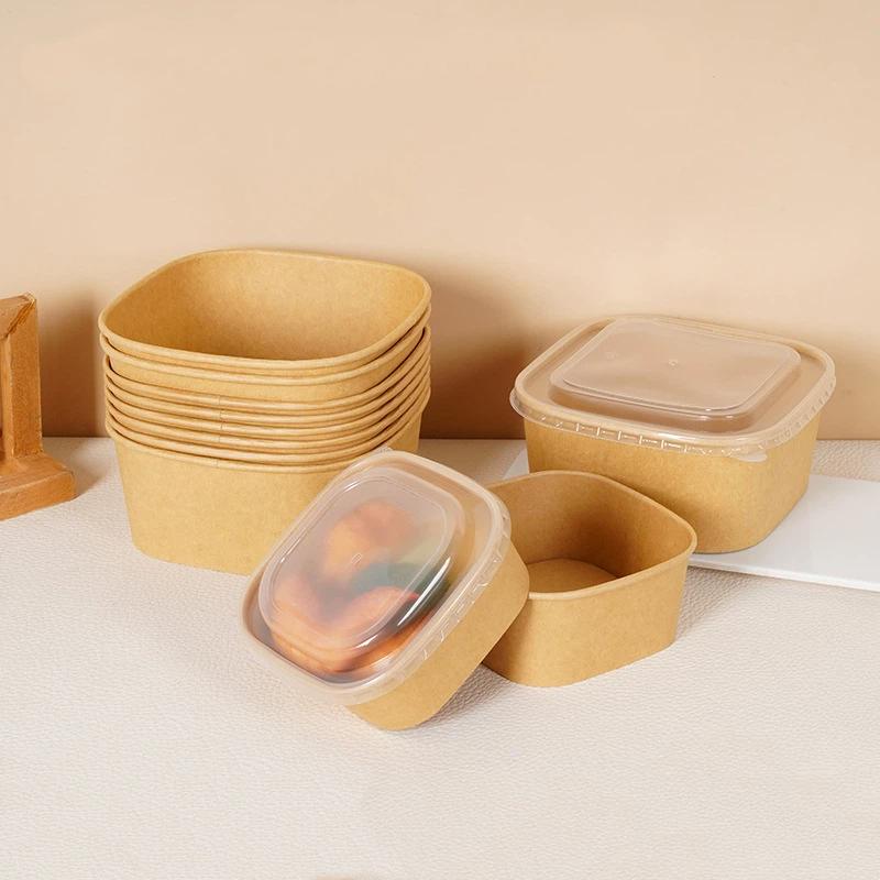 10Pcs Disposable Lunch Box Kraft Paper Square Lunch Box Fast Food Packing Boxes Paper Bowls With Lid Household Bento Boxes
