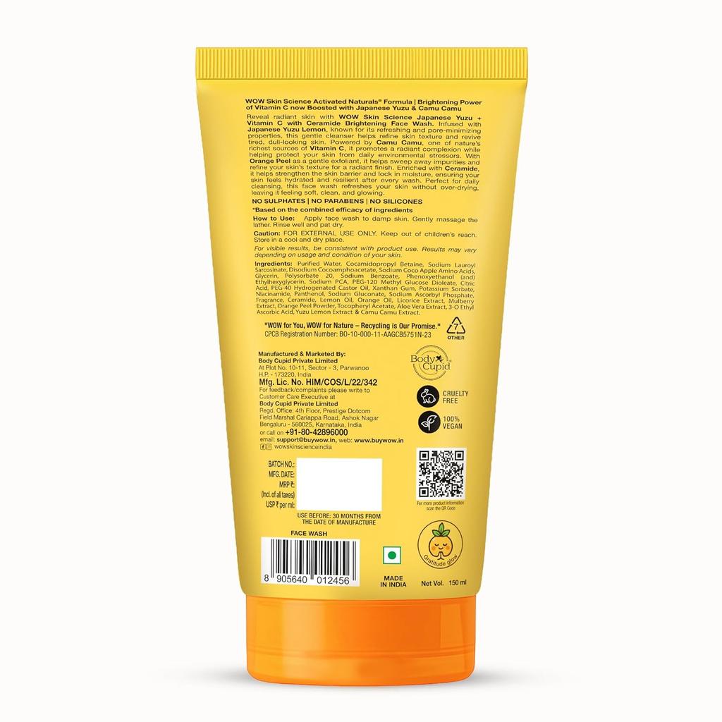 WOW Skin Science Japanese Yuzu Vitamin C Ceramide Face Wash 150ml Pack For Glowing, Strengthened Skin