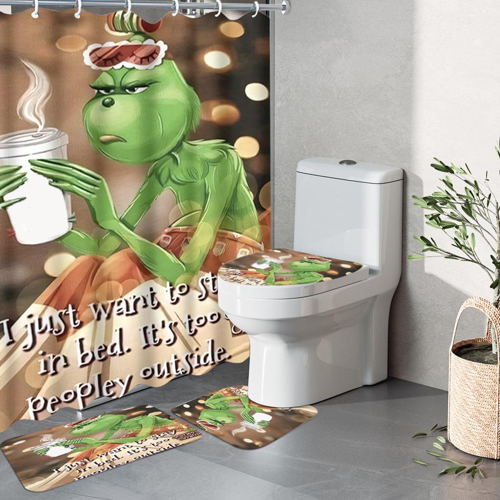 Greentown Series Shower Curtain Floor Mat Four Piece Set, Home Bathroom Dry Wet Separation Partition Shower Curtain Waterproof Shower Curtain