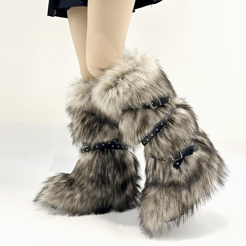 Y2K Spice Girls Sexy Tall Snow Boots New Cross Belt Buckle Fur Fluffy Boots