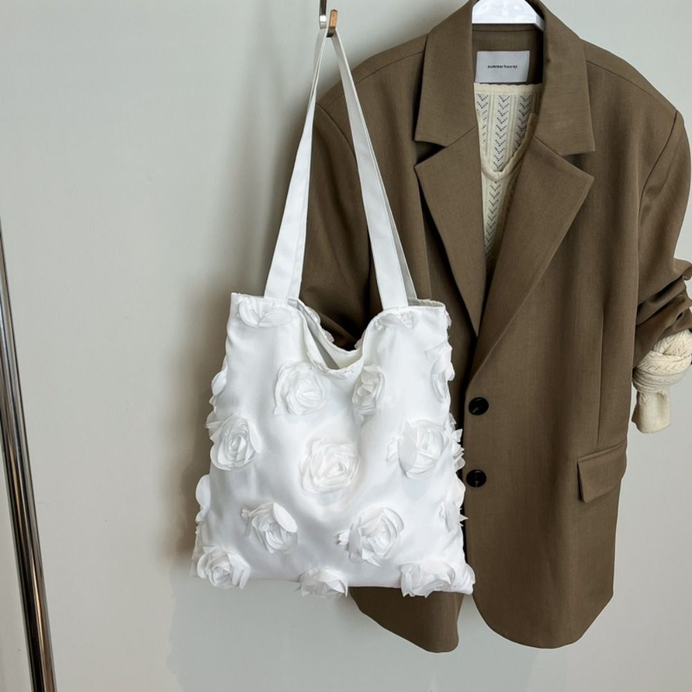 Lightweight Flower Tote Bag Large Capacity Nylon Cloth Handbag Casual Canvas Bag Vacation