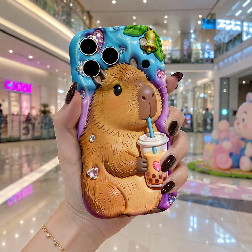 Inflated Capybara Bubble Tea Rhinestone Wavy Edge Phone Case For iPhone 17 16 15 14 13 12 11 8 7 Plus Pro Max Protective Cover