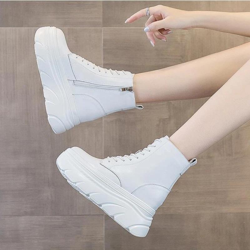 Fashion 2025 Women White Ankle Boots Increase Height Thick Sole Winter Outdoor Leisure Shoes For Girls Spring Autumn Motorcycle Booties