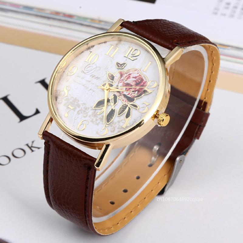 Rose Blume Runde Dia Uhr Frauen Elegante Uhren Faux Leder Band Arabische Zahl Quarz Armbanduhr Montre Femme Weihnachten Geschenk