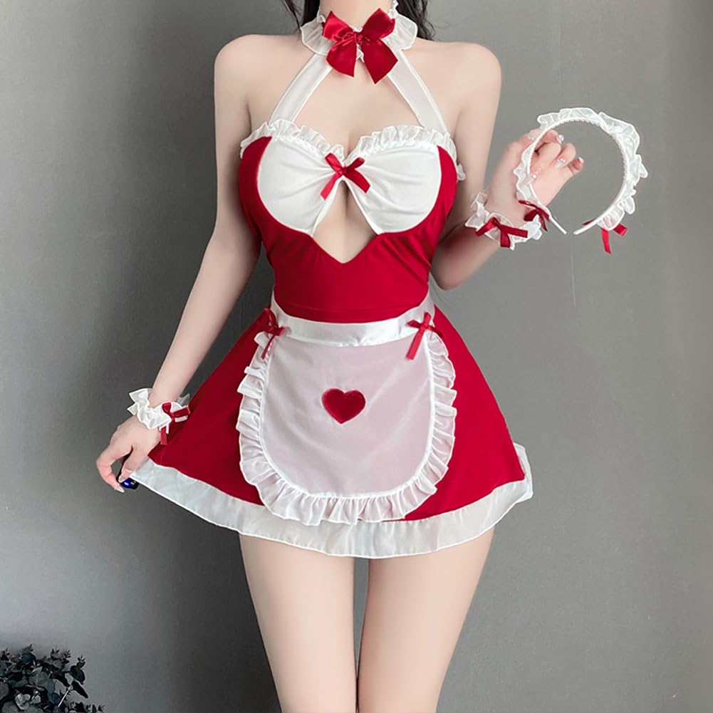 Baioretto Sexy Maid Cosplay White and Red Ribbon Mini Cute Maid Cosplay Tube Bold and Seductive for Women and Costume White One Size Fits All Costume,
