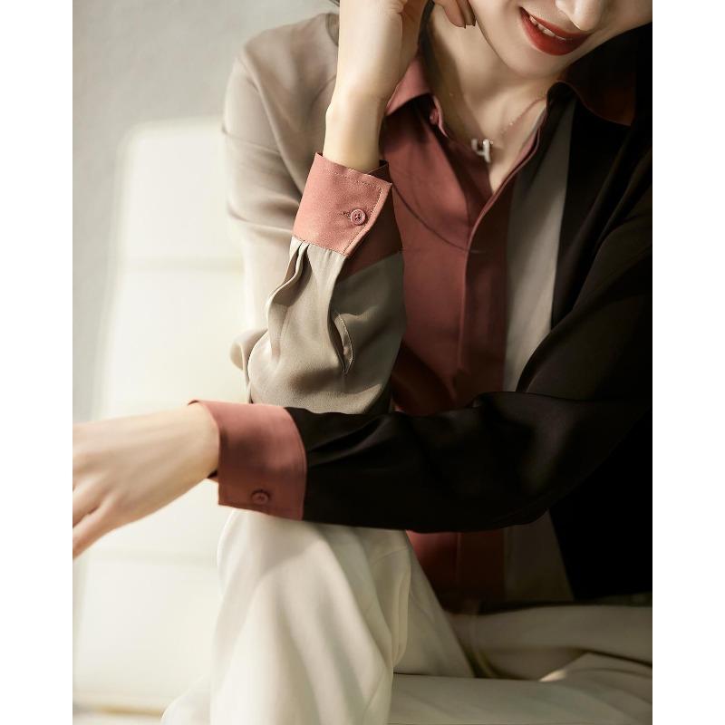 Color-blocked Long-sleeved Shirts for Women Spring and Autumn New Loose-fitting Chiffon Shirts Professional Tops