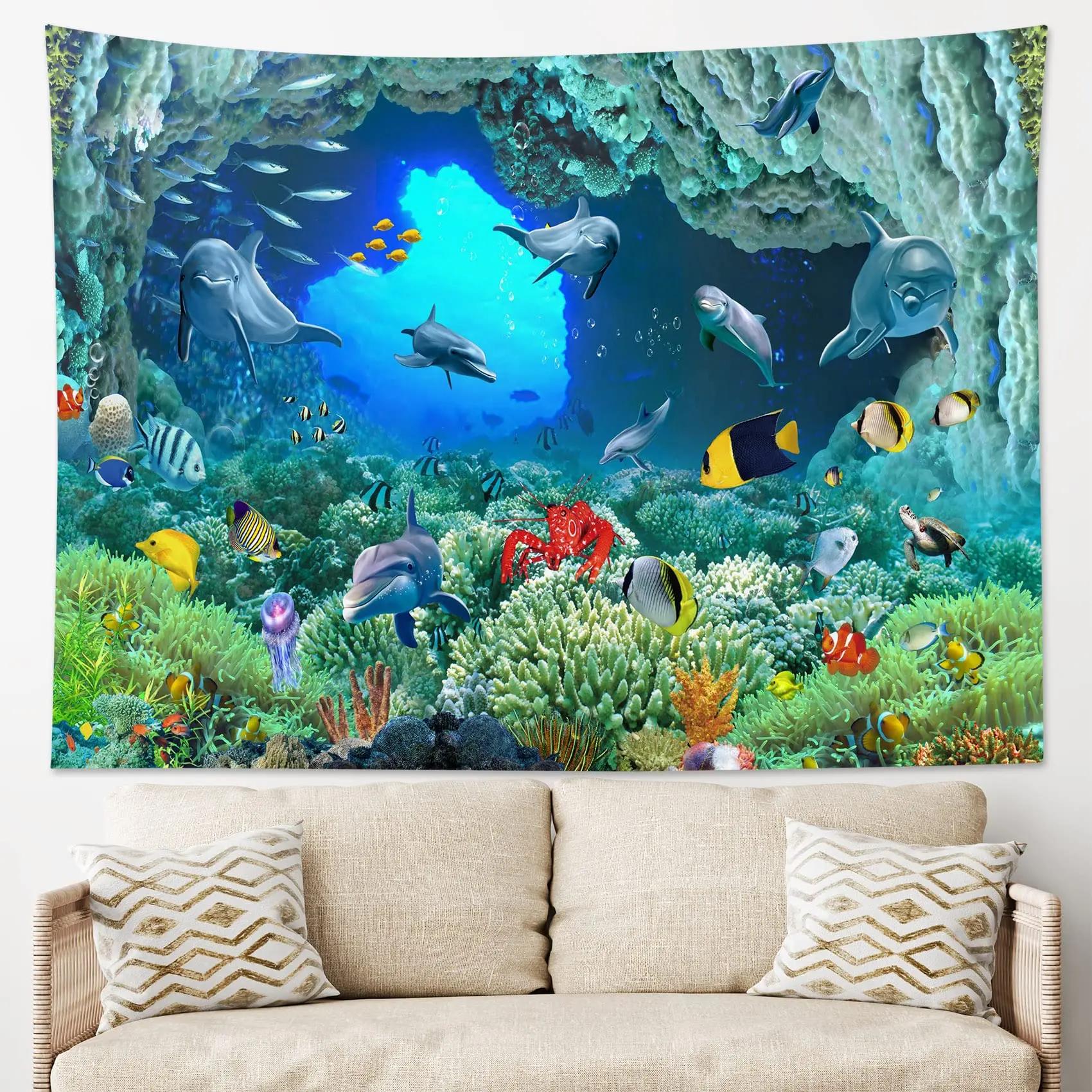 

Ocean Dolphin Tapestry Underwater World Tapestry Marine Life Tapestry Wall Hanging For Kids Teen Bedroom Dorm Living Room Decor 74x94cm(29x37in)