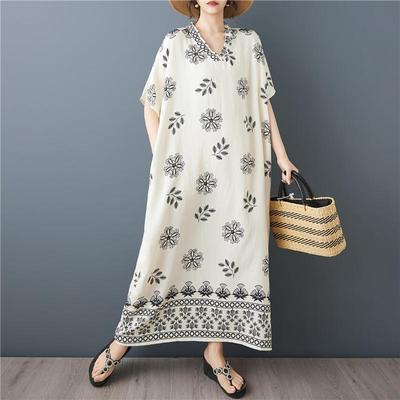 Krótki rękaw Plus rozmiar Bawełna vintage kwiatowe nowe sukienki dla kobiet swobodna luźna długa letnia sukienka