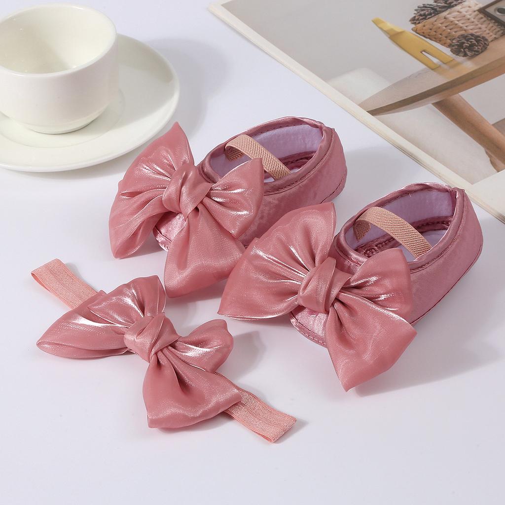 Princess Bowknot Baby Girls Baptism Shoes with Headband Cute Shiny  Flats and Hairband Soft Sole Kids First Walkers