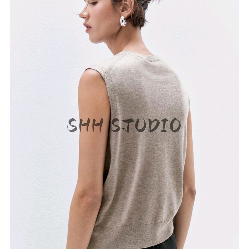 MD New Fall Women's Clothing French Style Basic Style Minimalist Temperament Pure Color Short round Neck Knitting Vest 5662580