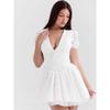 House Same Style Super Nice French Style Sweet Slim White Dress Pure Desire Deep V Hollow Embroidery Puff Sleeve Slim Dress