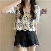 Hollow Short Top Knitted Shirt Cardigan Jacket 1116 Summer New Short-sleeved Thin Internet Celebrity Lace Shirt
