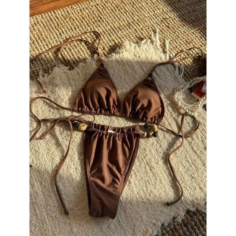 Sexy Brown Bikini 2026 Women Solid Red Halter Push Up Bra Tie Side Triangle Swimsuit Summer Bathing Suit Lace Up Micro Swimwear