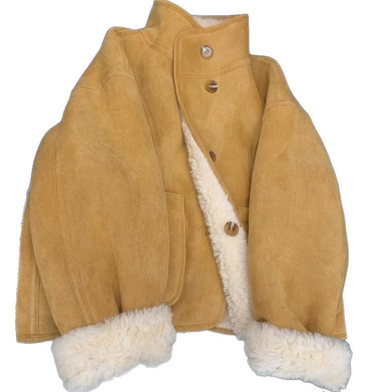 Reversible Suede & Lambswool Fur Hoodie Jacket: Women's Winter Stand Collar