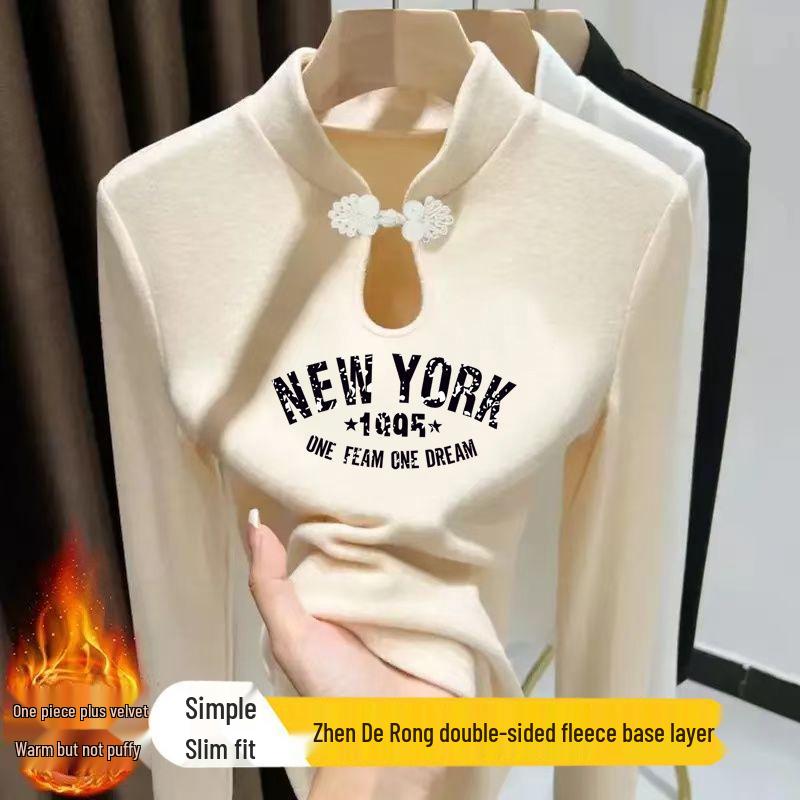 

Женская теплая футболка в китайском стиле с принтом: Пуговица-лягушка, Воротник-стойка, Длинный рукав M (80-100 Jin) абрикосовый