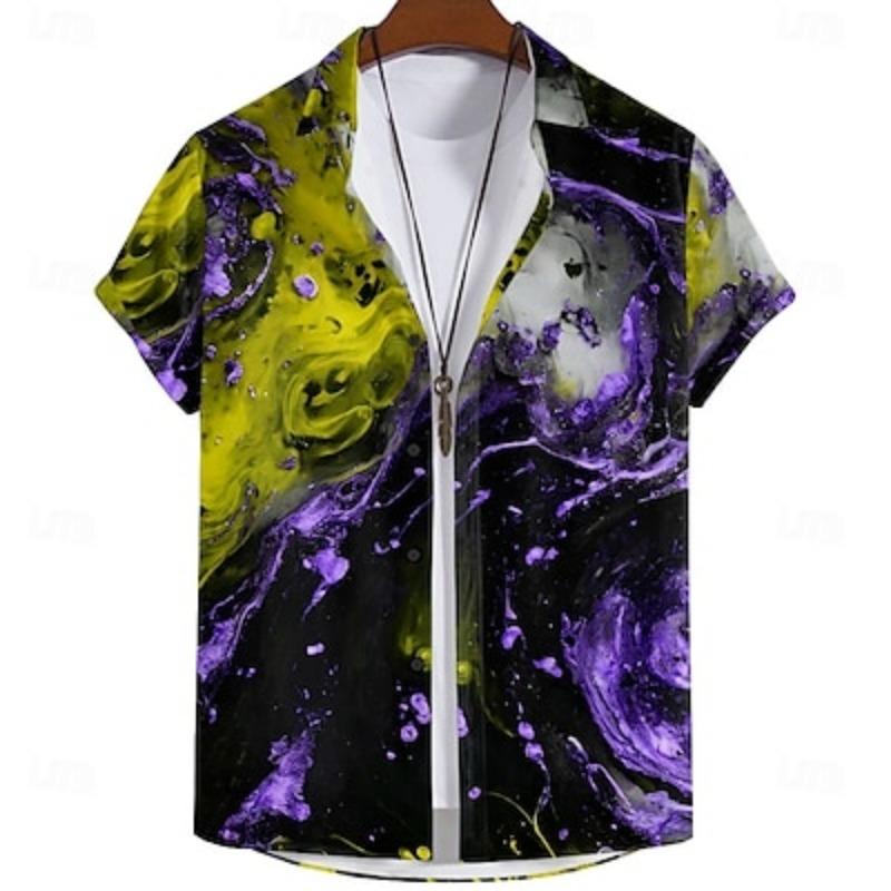 Men's Geometric Shirt Short Sleeve Abstract Casual Summer Turndown Button Up Red Blue Purple Green
