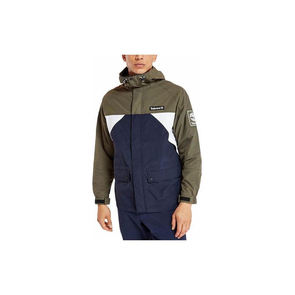 Timberland Logo Print Hooded Straight Cut Spliced Jacket Men Jacket Blue Green A22V6AA5