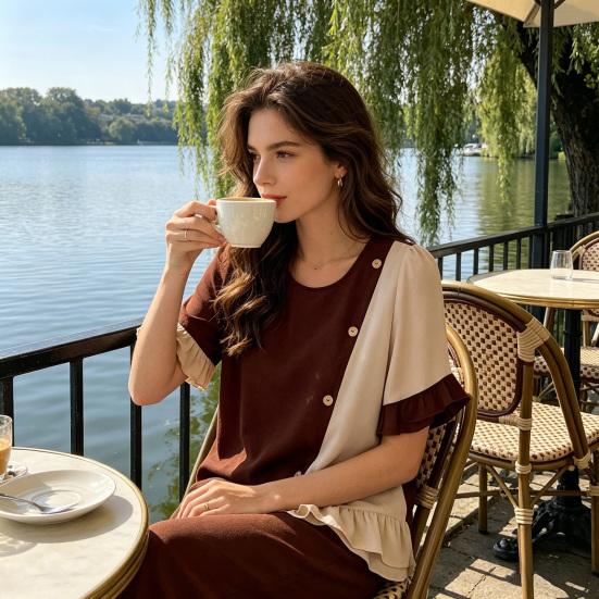 Women Tops Crew Neck Short Sleeve Pullover Tops with Irregular Ruffle Hem Block Design Buttons Decor Loose Fit Versatile Blouse