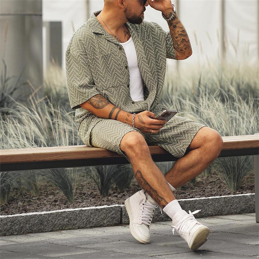 Pánská letní šortková souprava Dvoudílné obleky Plážové košile s klopou a šortky Pánské outfity Ležérní sportovní oblečení Tepláková souprava Streetwear