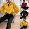 Women Shirt Stand Collar Puff Long Sleeve Buttons Placket Shirt Tops Pure Color Loose