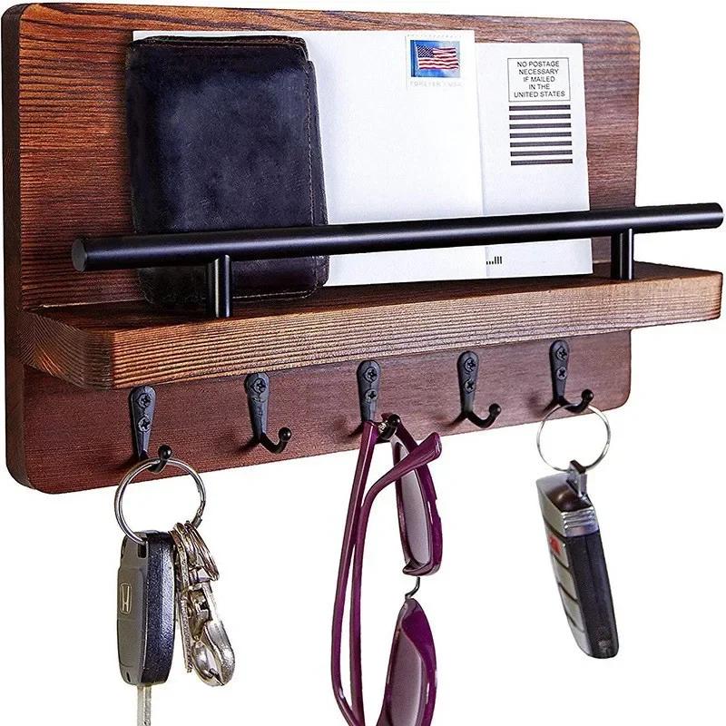 Wooden Wall Key Holder, Decorative Key and Mail Holder with Shelf Has Large Key Hooks for Bags, Coats, Umbrella