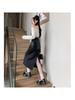 Elegant Women's Mid-Length Spliced Leather Skirt with Back Slit - High-Waist Autumn/Winter Pencil Skirt