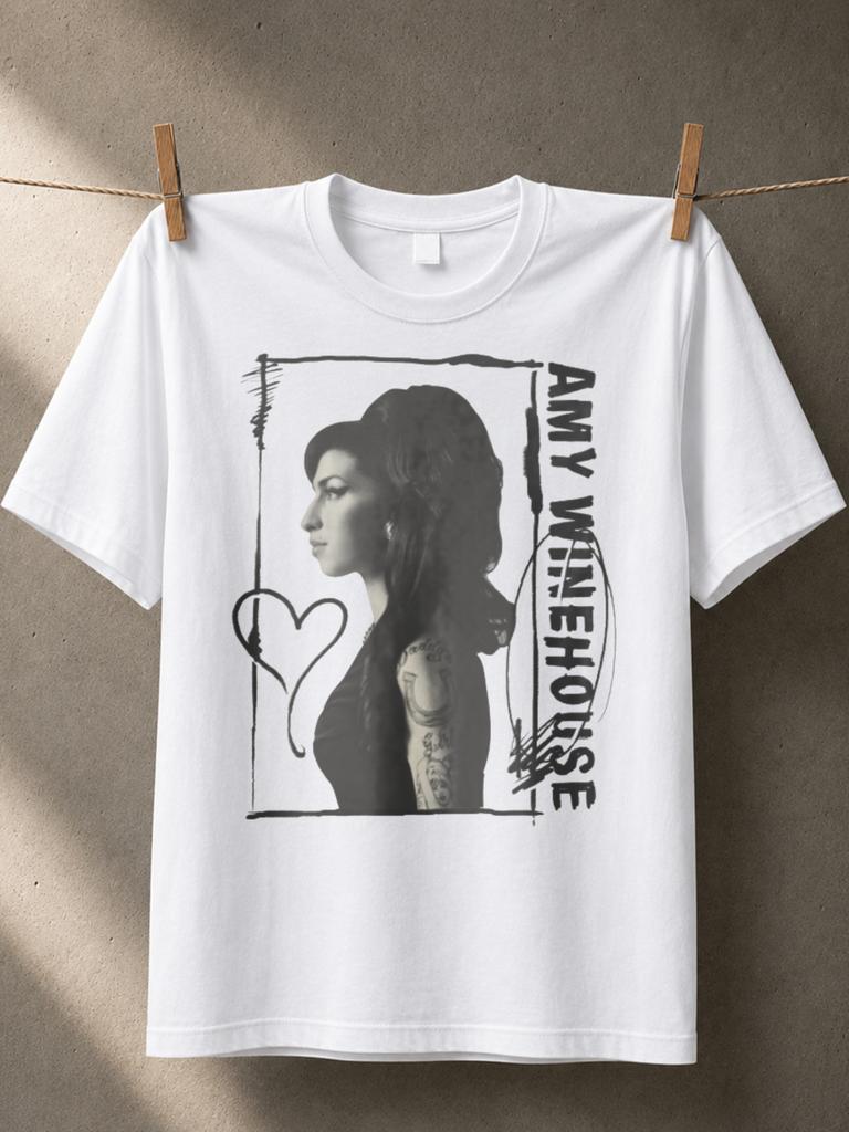Amy Winehouse Profile Heart And Portrait Handdrawn Heart Rough Border And Soulful Music Mood Unisex Unisex All Tshirt