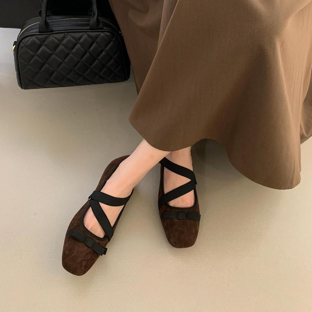 2025 spring and autumn new retro brown square head ballet shoes bow strap flat Mary Jane single shoes women