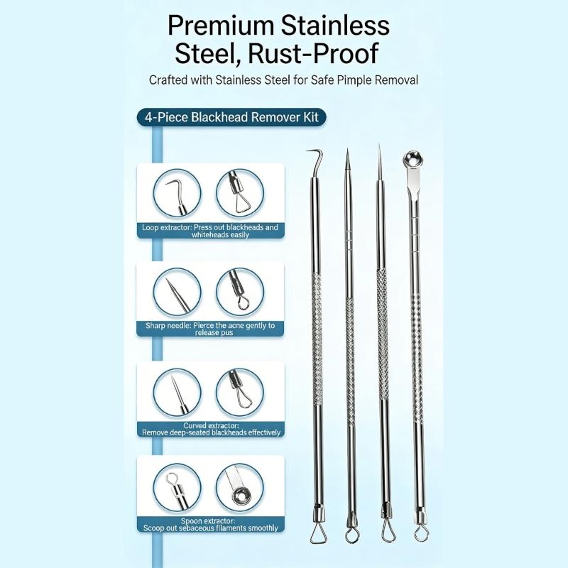 Professional Stainless Steel Blackhead Extractor Set Of 7 Pieces For Deep Pore Cleaning And Skin Cares
