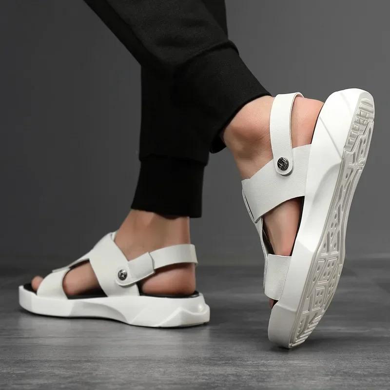 Sandalias de Hombre de Cuero Genuino Moda de Verano Plataforma Hueca Zapatillas Casuales Masculinas Ligeras Cómodas Zapatos de Hombre de Caña Alta