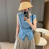 French-Style Elegant Design Pleated Waist-Cinching Sleeveless Knit T-Shirt for Women, 2025 Autumn New Versatile Slim-Fit Top