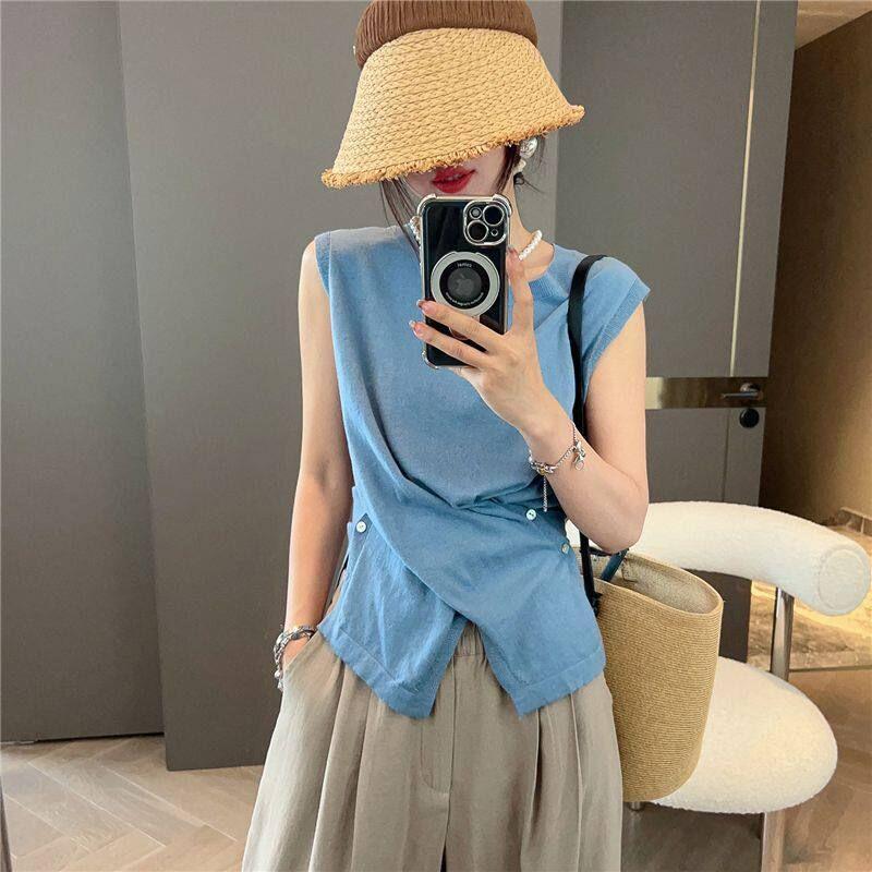 French-Style Elegant Design Pleated Waist-Cinching Sleeveless Knit T-Shirt for Women, 2025 Autumn New Versatile Slim-Fit Top