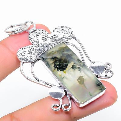 Natürlicher Prehnit Edelstein Handgefertigt 925 Sterlingsilber Anhänger 2.84" H7H52