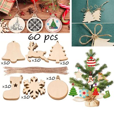 60 Stück Holz Weihnachtsbaum Hängeanhänger Unfertige leere Holzanhänger Ornamente mit Hanfseil DIY Basteln Hone Decor Heimdeko
