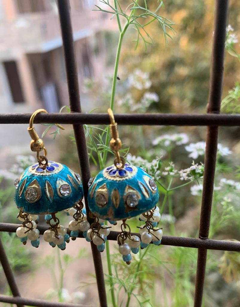 Handcrafted Blue Enamel Jhumka Earrings with Pearl Beads | Traditional Indian Lacquer Dangle Earrings