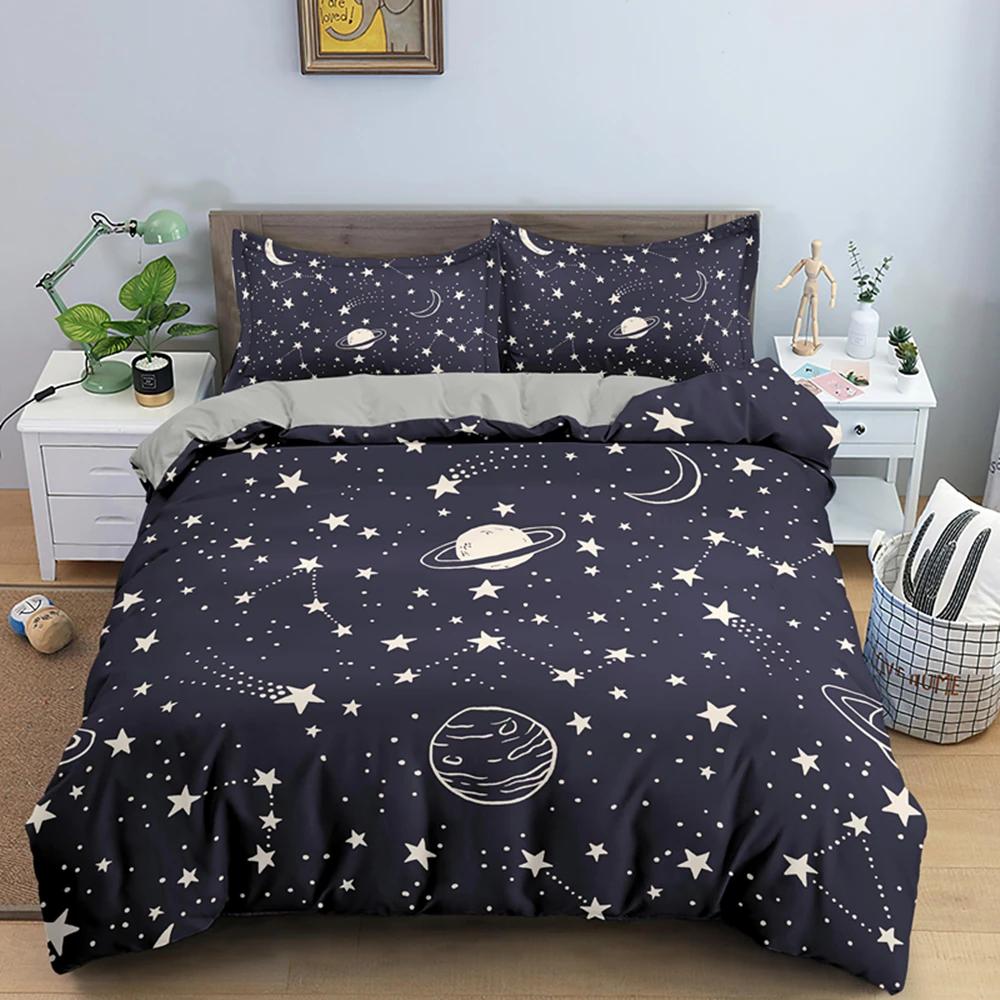 Starry Sky Night Duvet Cover Set Full Queen SizeCute Star Bedding Sets Black Galaxy Comforter Cover Set With Pillowcases 2/3Pcs