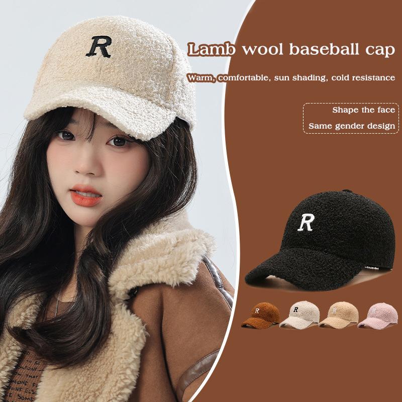 Letter Plush Baseball Cap Women Winter Warm Thicken Lamb Fleece Peaked Hat Solid Color Adjustable Female Duck Tongue Caps
