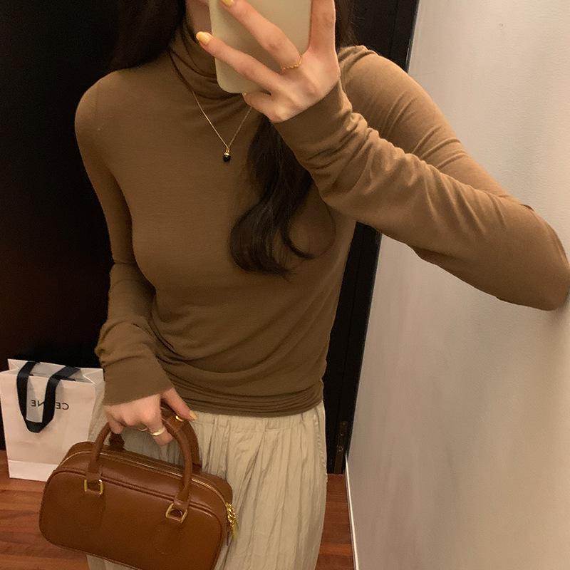 Korean Style High Collar Slim Long Sleeve T-shirt for Women Autumn and Winter New Ins Pile Collar Right Shoulder Slim Inner Layering Shirt