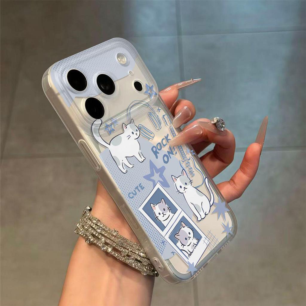 Korean Style Cat Illustration Phone Case: Soft, Drop-Proof Shell with Integrated Camera Button for iPhone 13, 15, 16, 17 Pro Max