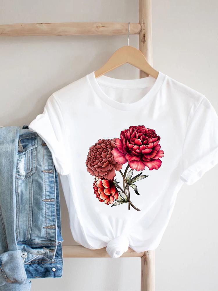 Women's Short-sleeved T-shirt, Fashionable Flower Print Bottoming Shirt