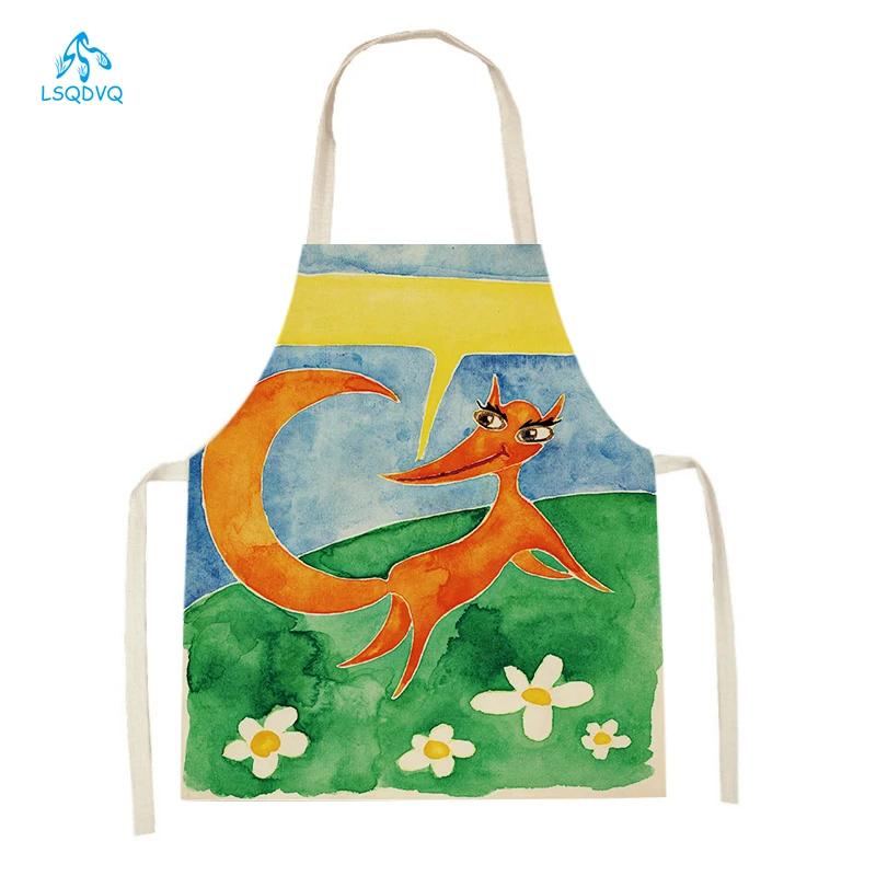 Cute Animal Style Kitchen Aprons Adult Kids Sleeveless Linen Cooking Aprons Cartoon Fox Giraffe Rabbit Pattern Baking Aprons