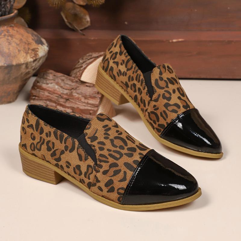 Fashion New Spring and Autumn Pointed Toe Single Shoes Colorblock Leopard Leisure Kitten Heel Block Heel Plus Size Women's Shoes