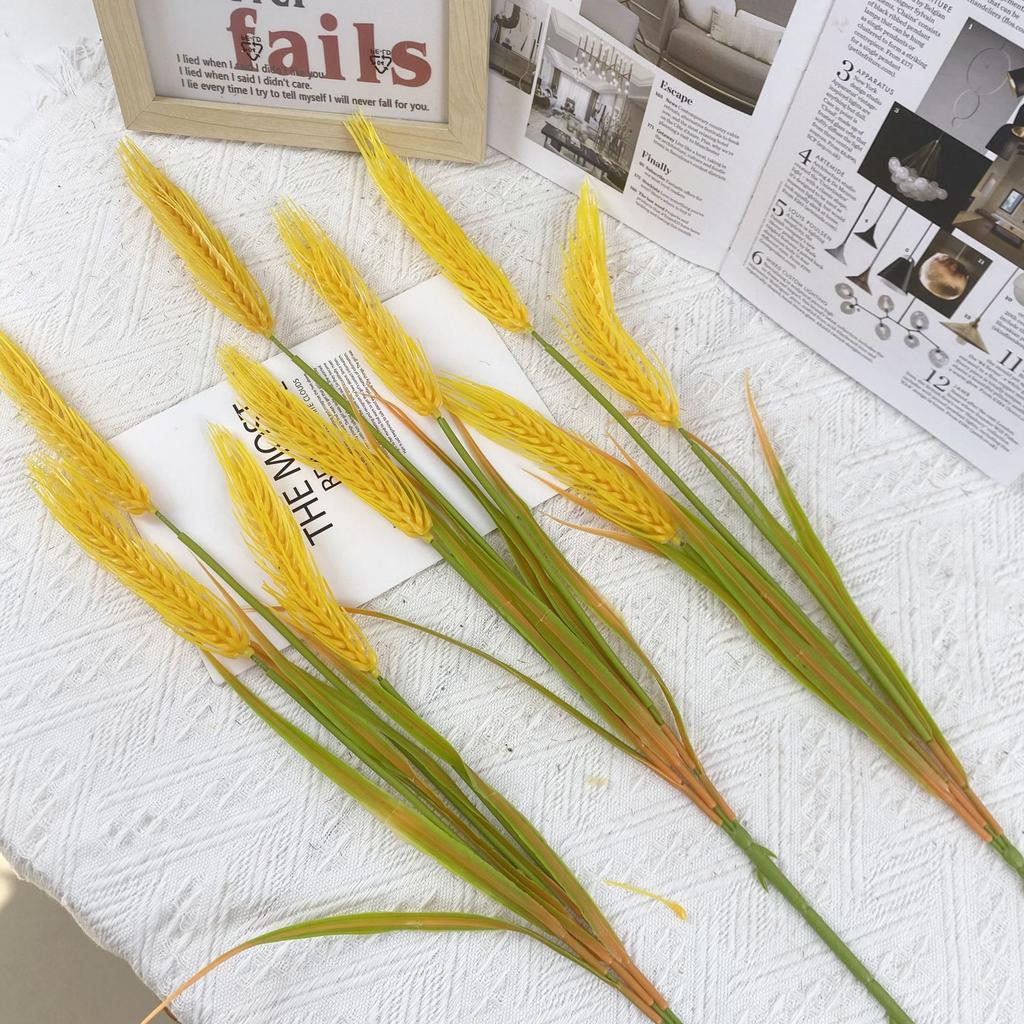 10pcs Simulated Plant Single Branch 3 Fork Wheat Ear Golden Rice Wheat Ear Pastoral Crop Home Decoration