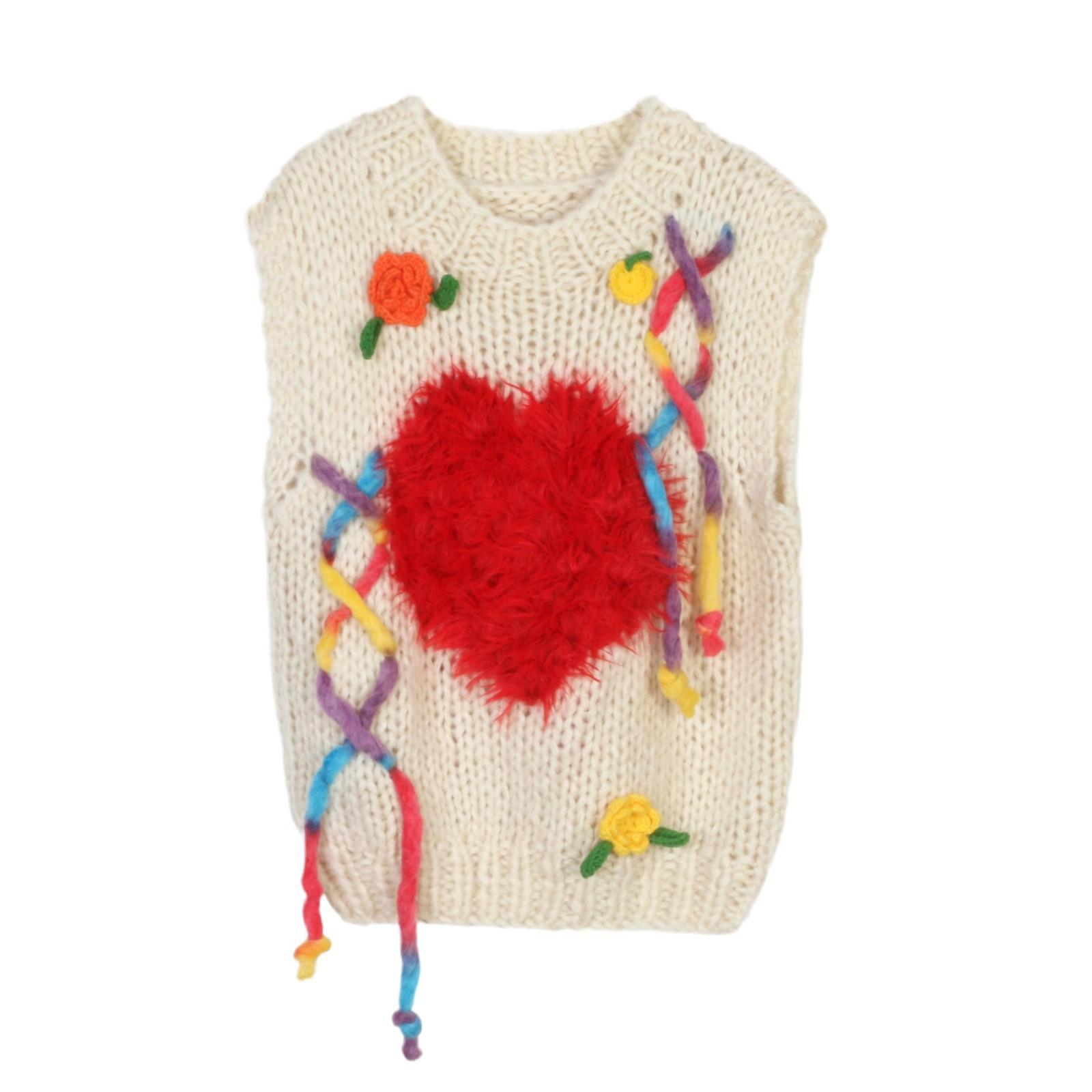 

Sweet Temperament Handmade Chunky Knit Heart Flower Sleeveless Sweater Vest for Women S
