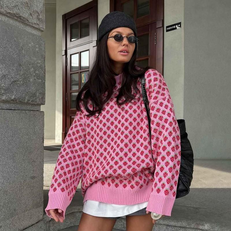 Erdbeer Jacquard Pullover Damen Rundhals Langarm Pullover Locker Gestricktes Oberteil Herbst Winter