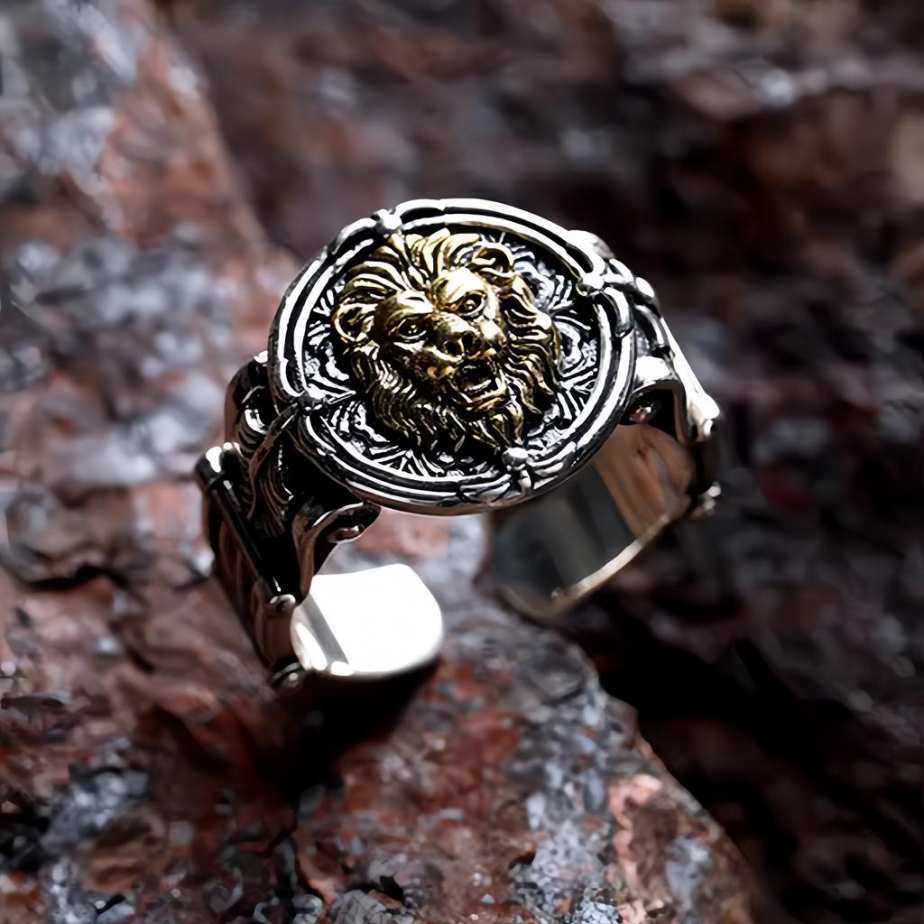 Retro Golden Lion Adjustable Open Ring For Men Gothic Punk Edgy Silver-plated Copper  Bikers Accessories Gift for Him