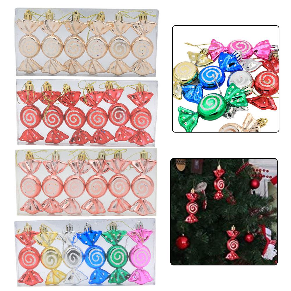 Christmas candy ball ornaments 6PCS plastic with glitter finish for decorative hanging on trees at holiday parties