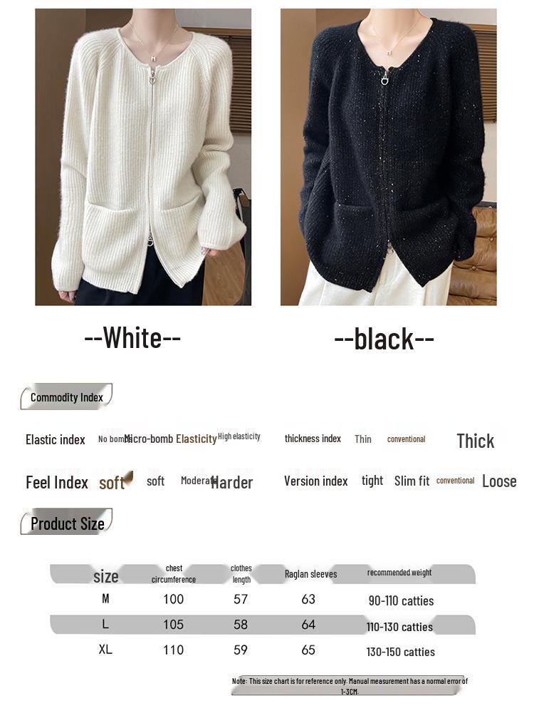 Women's Double Zipper Wool Cardigan - Silk-Cashmere Blend, Long-Sleeved, with Pockets